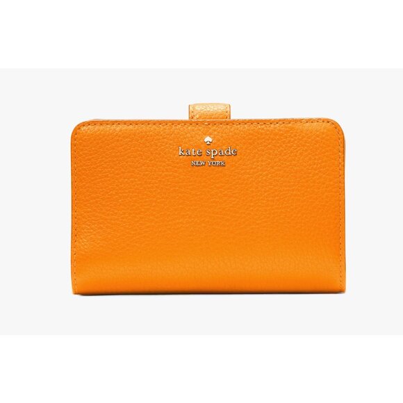 New Kate Spade Lena Medium Compact Bifold Wallet Pebble Leather Orange Zinnia - Picture 1 of 3